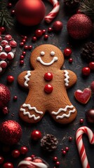 Fototapeta premium Festive gingerbread man delights amidst a cheerful collection of colorful candy canes and holiday decorations