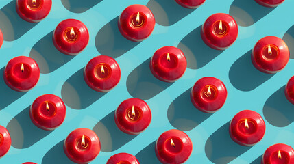  a vibrant and visually striking arrangement of red objects with golden cone-shaped tips, evenly spaced in a grid pattern on a bright blue background. The objects cast long, sharp shadows