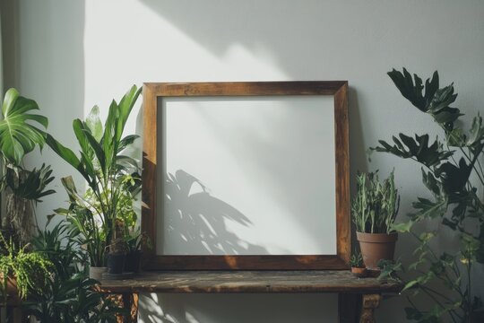Blank square frame mockup surrounded by various houseplants on a wooden table against a white wall.
