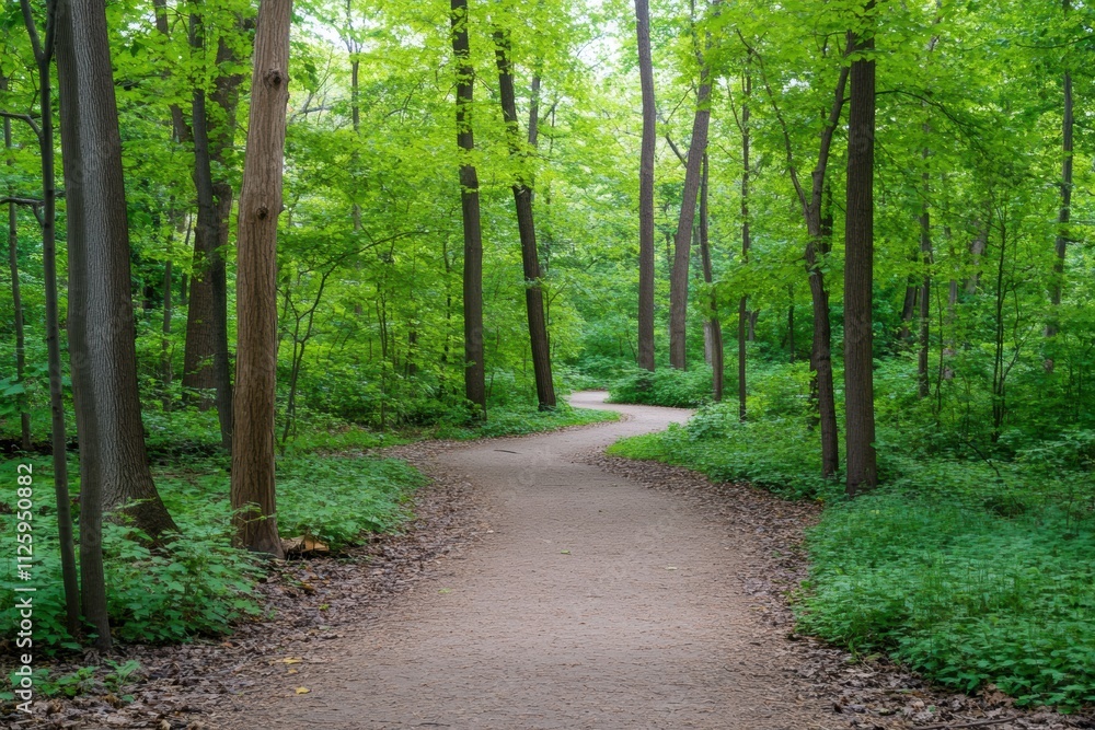 Poster a charming forest pathway meanders into thick woods surrounded by lush greenery, creating a serene a