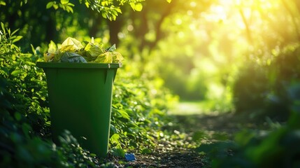 A green trash bin placed in a natural setting, surrounded by lush greenery and bright daylight, symbolizing environmental care and waste management.