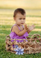 Closeup portrait of infant baby girl sitting in straw basket in the park at summer time