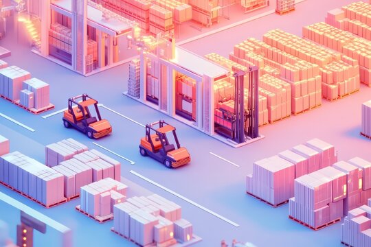 A large distribution center with forklifts moving large quantities of products, all efficiently managed by an AI-driven logistics system to ensure quick shipping.