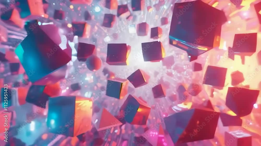 Poster a colorful, abstract image of blocks and spheres. 4k motion