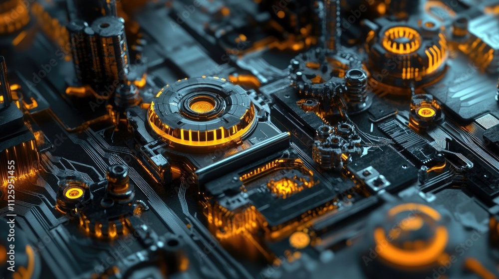 Poster a high-tech digital concept with interconnected gears, hexagons, and circuit boards, showcasing tele