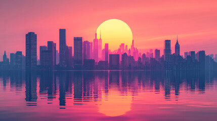 Fototapeta premium stunning futuristic city skyline at sunset, reflecting on water