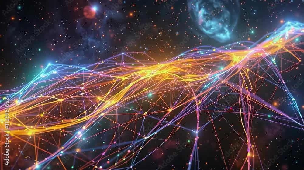 Poster a colorful, glowing line of lines that appear to be connected to each other. 4k motion