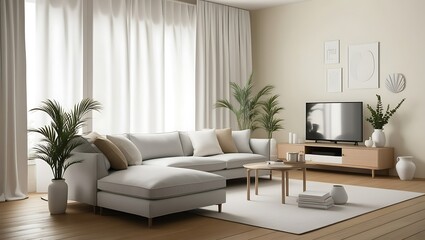 Bright living room with white sofa, houseplants, and TV.