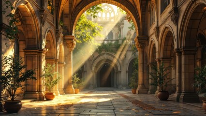 Obraz premium Sunlight filters through stained glass, illuminating devotion.
