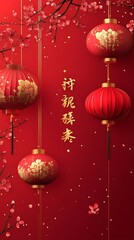 Red lanterns, plum blossoms, and Chinese characters for Lunar New Year.