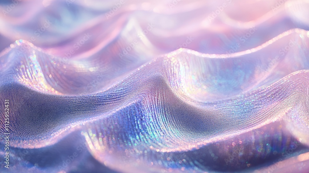 Poster abstract iridescent fabric texture with soft pastel waves and shimmering light.