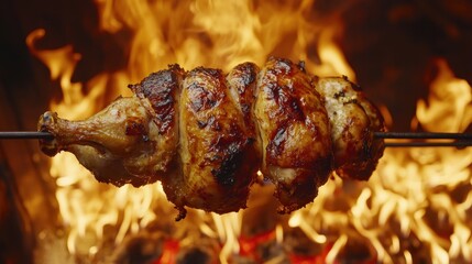 Roasted chicken rotating on a spit over an open fire. Perfect for menus, cookbooks, or articles about grilling.