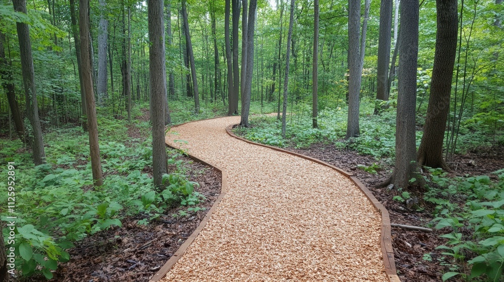 Poster Winding path made of gravel stretches through lush, green forest, inviting exploration into dense woodland with blank area for text. Generative AI