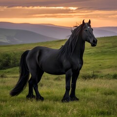 Black horse standing on a grassy hill