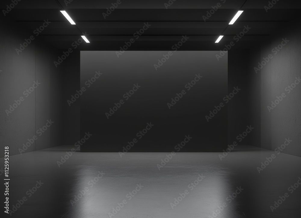Poster Dark empty room with minimalist design, featuring a large blank wall and subtle lighting.