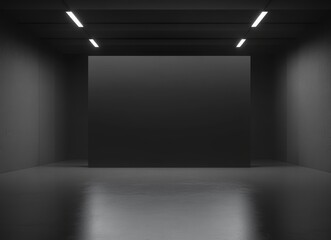 Dark empty room with minimalist design, featuring a large blank wall and subtle lighting.