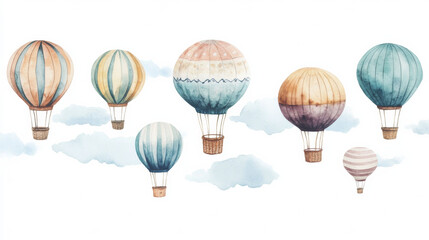 Obraz premium Whimsical watercolor hot air balloons floating in soft clouds create dreamy atmosphere
