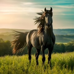 Fototapeta premium Black horse standing on a grassy hill