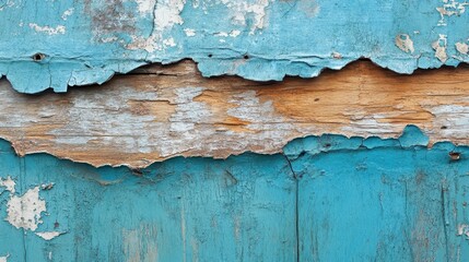 Obraz premium Peeling blue paint reveals aged wood; texture shows decay and time's passage. Ideal for rustic, vintage, or distressed design projects.