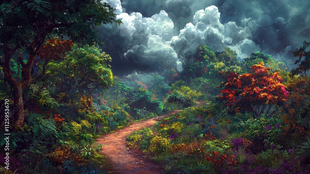 Poster a mysterious journey through a dense forest path enveloped by towering trees and vibrant foliage und