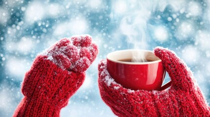 A person in cozy mittens holding a steaming cup of beverage, set against a snowy backdrop, evoking warmth and comfort.