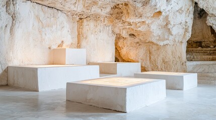 Interior of a cave with white platforms showcasing artifacts.