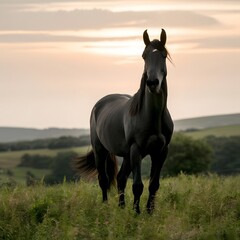 Fototapeta premium Black horse standing on a grassy hill