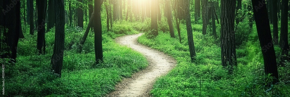 Aufkleber Winding pathway invites visitors into a tranquil forest filled with greenery and warm sunlight filtering through the trees. Generative AI