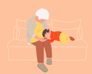 Grandmother and grandchild sleeping on the sofa