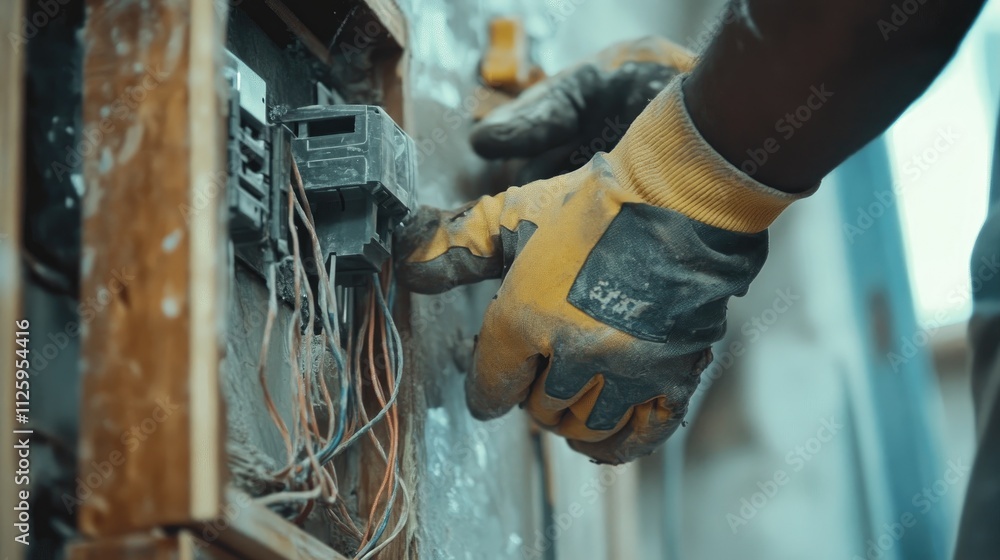 Poster a professional electrician wearing gloves installs electrical wiring into a new socket at a construc