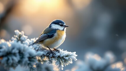 Naklejka premium Winter tit, blurred surroundings, focused on the expected food.