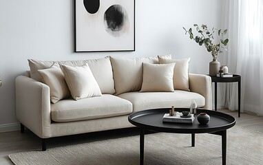 Minimalist living room with beige sofa, black tables, and abstract art.