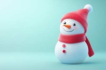 Cute snowman with red hat and scarf isolated on light green background