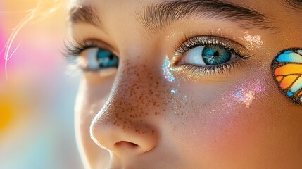 Fantasythemed makeup with butterfly patterns and luminous highlights