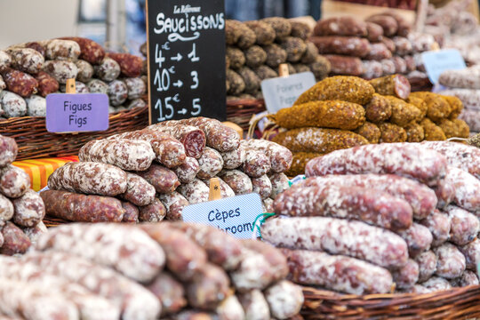 Salami assortment at the local market, Provence, France