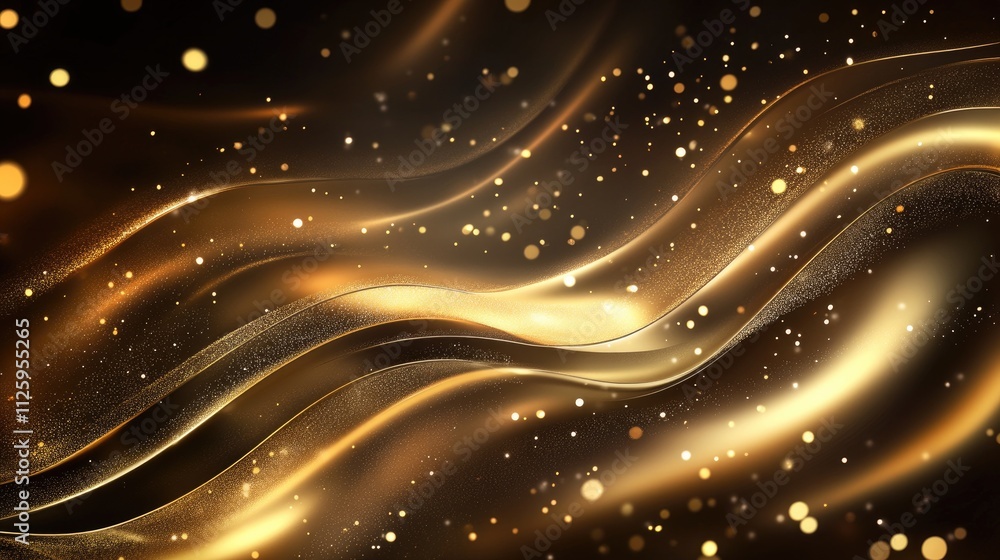 Poster abstract gold wave background with sparkling particles.