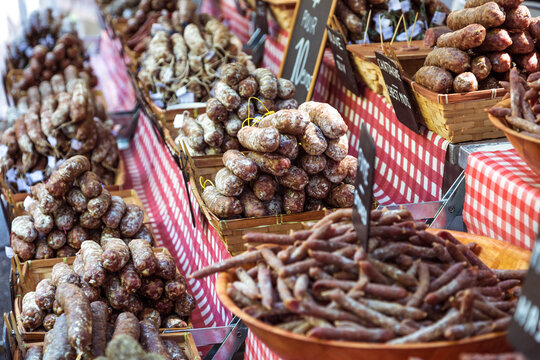 Salami assortment at the local market, Provence, France