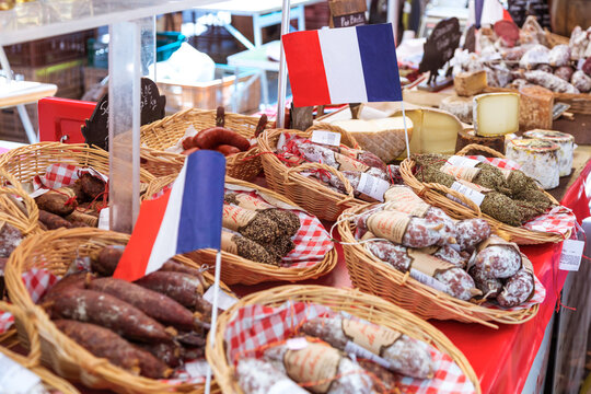 Typical french salami and cheese at local market, France