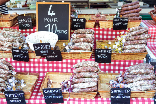 Typical salami or saucisson at the local market, Provence, France