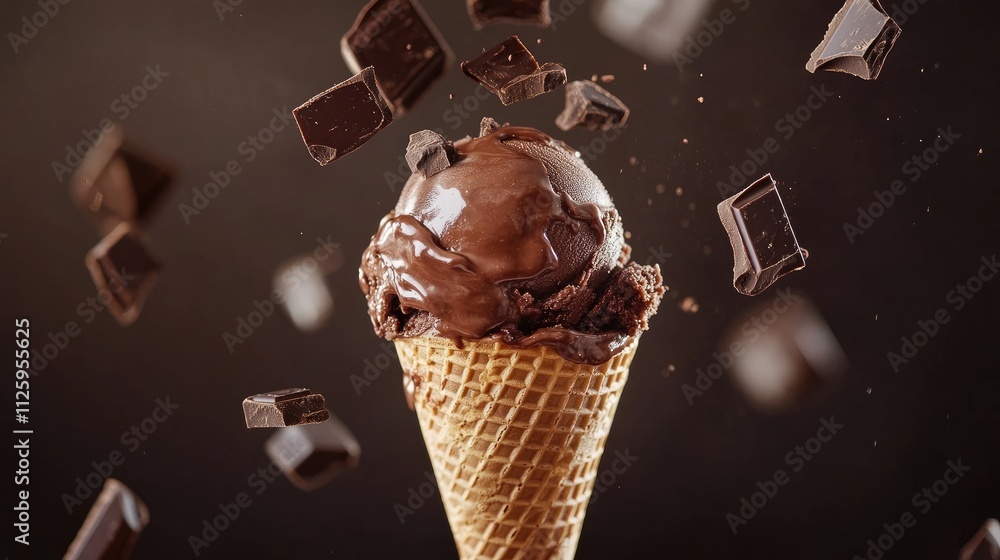 Aufkleber a rich chocolate ice cream cone with melting icing and chunks of chocolate falling, evoking indulgen