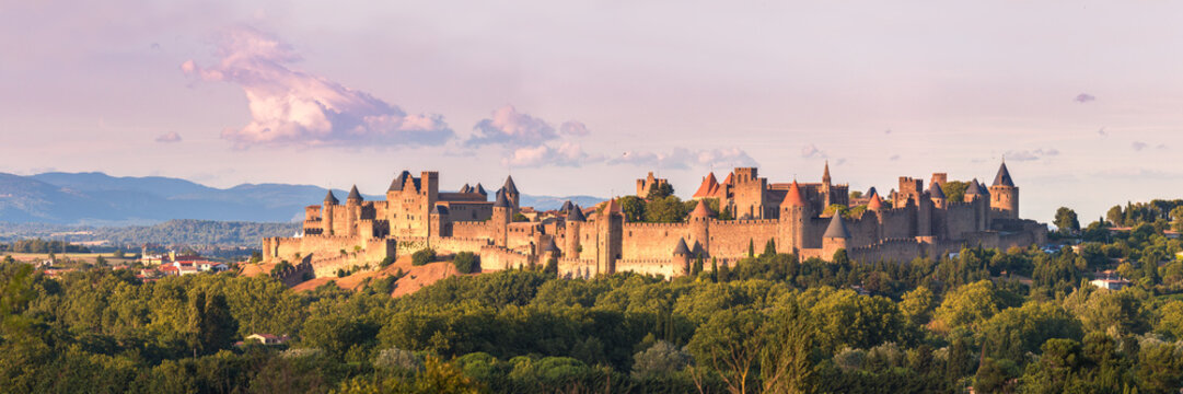 Old town at sunset, Carcassonne, Languedoc-Roussillon, Aude, France