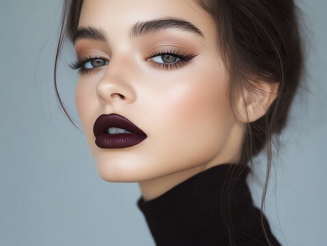 Gothic makeup featuring dark smoky eyes and deep burgundy lips