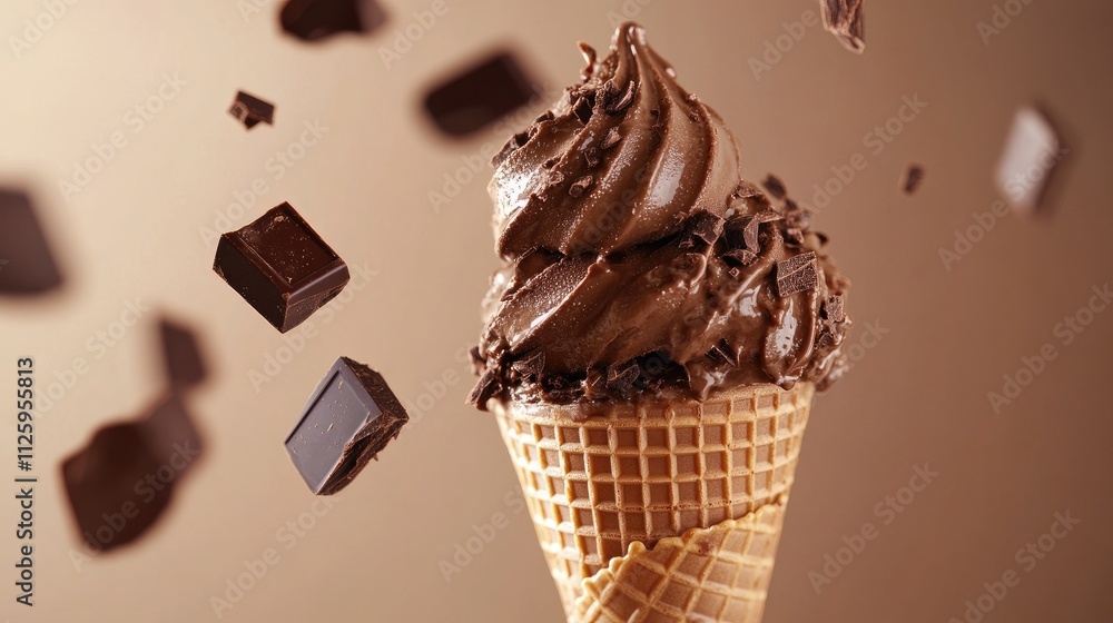 Aufkleber a rich chocolate ice cream cone with melting icing and chunks of chocolate falling, evoking indulgen