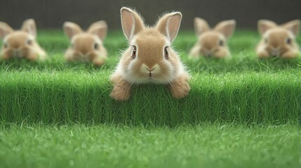 Obraz premium Adorable Rabbits Peeking from Lush Green Grass Spring Easter Bunnies Cute Pets