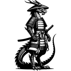 Fototapeta premium Samurai warrior in armor dragon stands in fighting stance with katana sword in monochrome. Wild reptile animal. Tattoo minimalistic vector in black ink drawing on transparent background