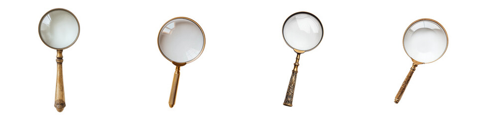 set of A magnifying glass, a large magnifying glass, a small magnifying glass, a hand-held magnifying glass, a golden magnifying glass, on a transparent backgrounds
