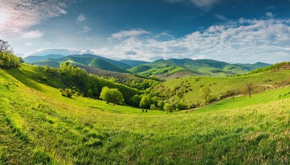 Naklejka premium A beautiful landscape of green grass and mountains under a blue sky with clouds and a peaceful rural view