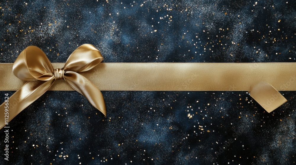 Poster A stunning golden ribbon forms an elegant bow atop a shimmering surface, creating a festive atmosphere perfect for the New Year. Generative AI
