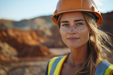 Portrait of a tanned woman in safety gear at an australian mine site outdoor environment