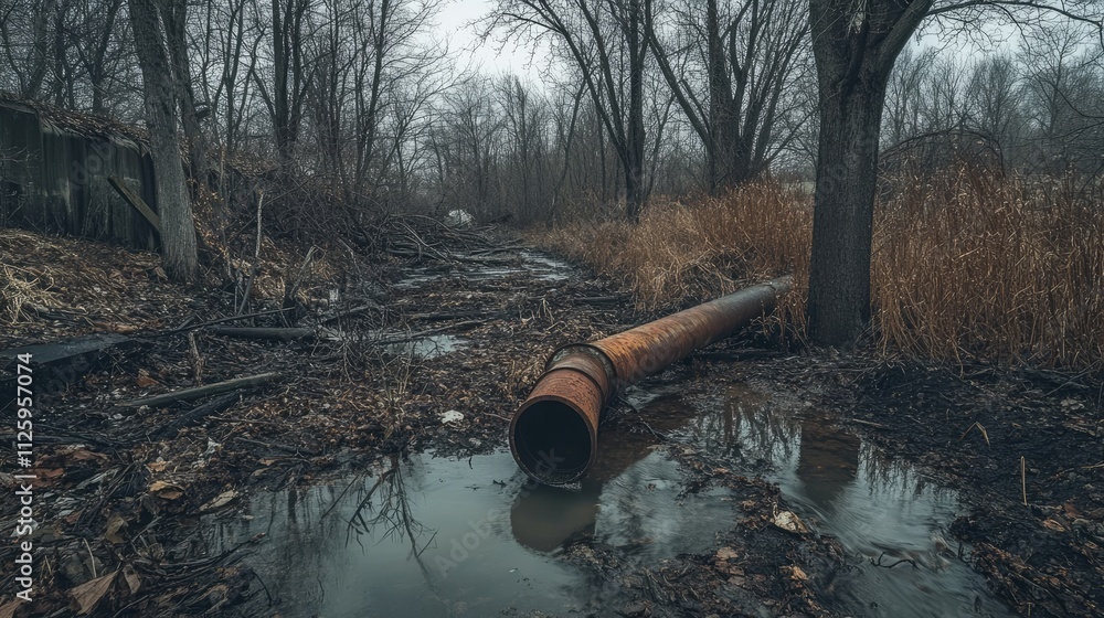 Poster a rusty pipe leaking water into a stream, surrounded by debris and barren trees, symbolizing environ